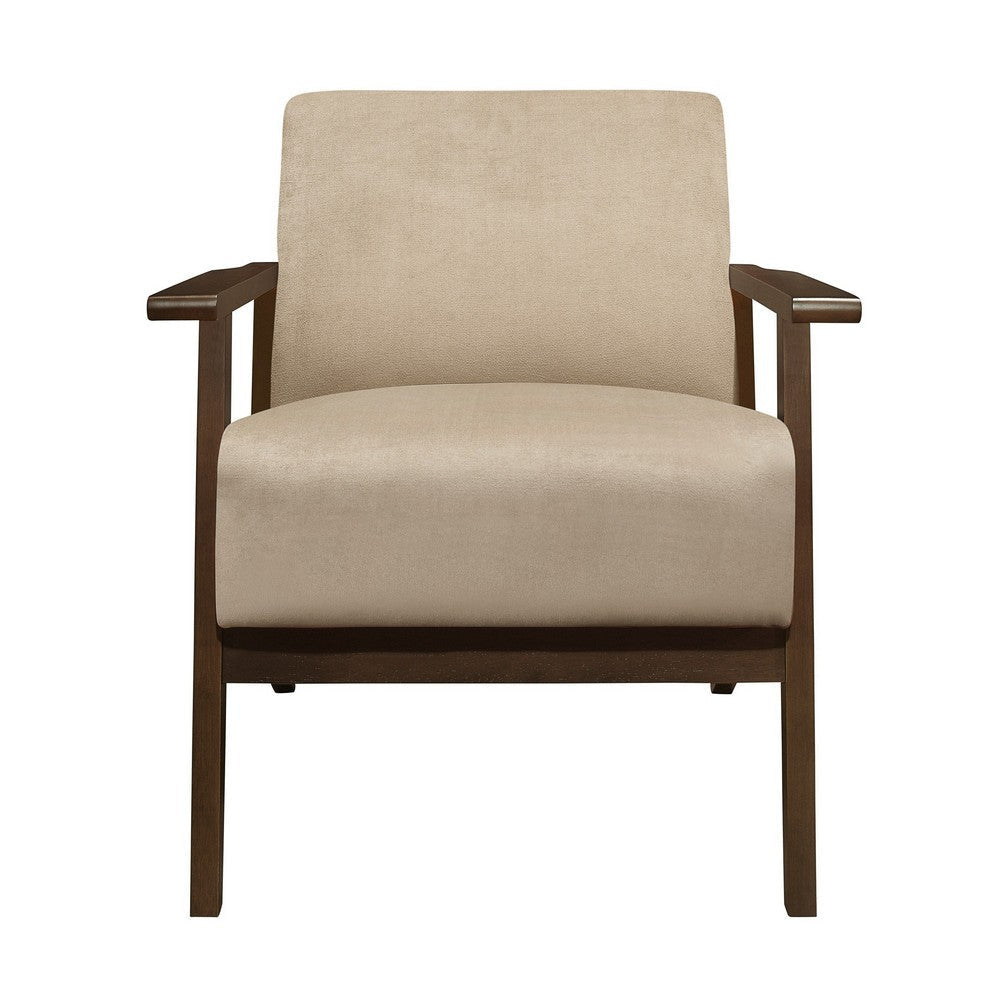 Rica 32 Inch Accent Armchair Soft Beige Velvet Walnut Brown Solid Wood By Casagear Home BM313124