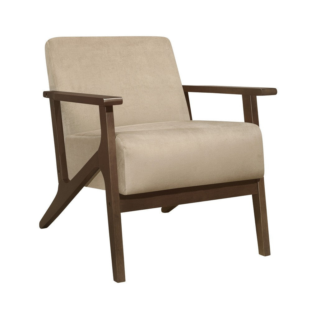 Rica 32 Inch Accent Armchair Soft Beige Velvet Walnut Brown Solid Wood By Casagear Home BM313124