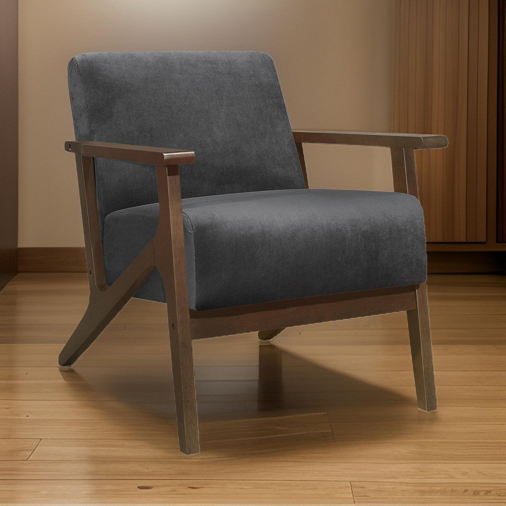 Rica 32 Inch Accent Armchair, Dark Gray Velvet, Walnut Brown Solid Wood By Casagear Home