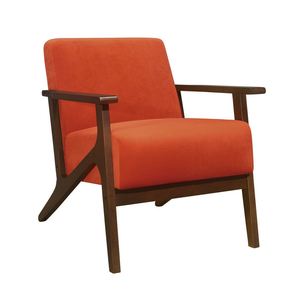 Rica 32 Inch Accent Armchair Soft Orange Velvet Walnut Brown Solid Wood By Casagear Home BM313126