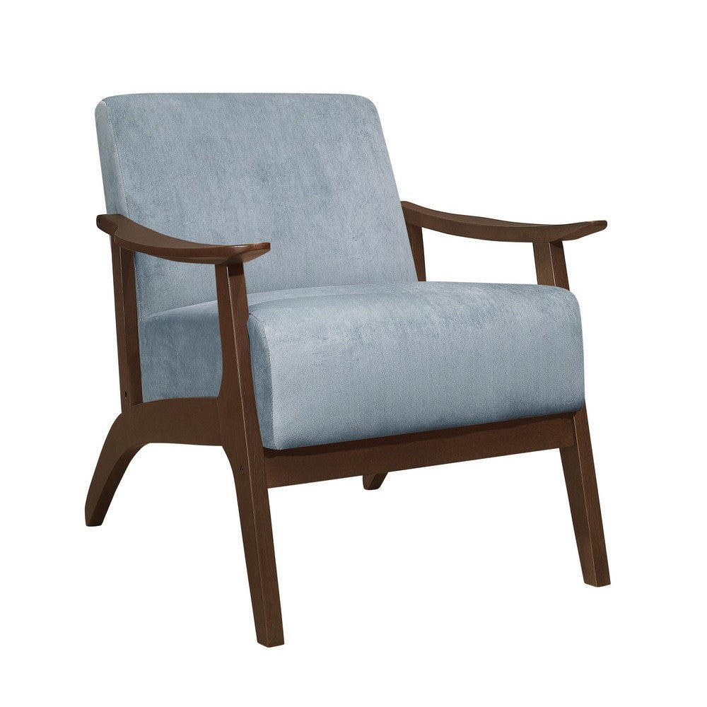 Rica 32 Inch Accent Armchair Curved Soft Blue Velvet Brown Solid Wood By Casagear Home BM313127