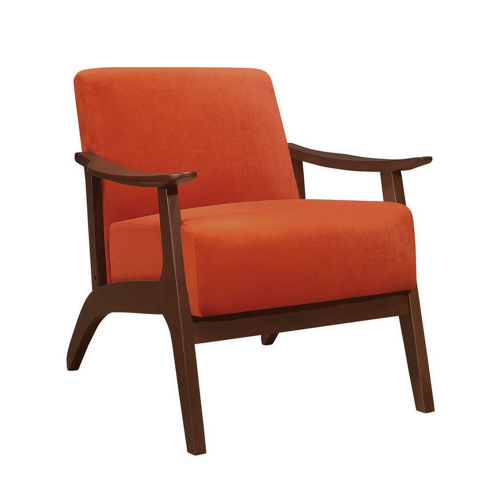 Rica 32 Inch Accent Armchair Curved Soft Orange Velvet Brown Solid Wood By Casagear Home BM313129