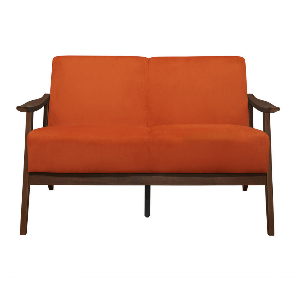 Rica 51 Inch Loveseat Curved Soft Orange Velvet Walnut Brown Solid Wood By Casagear Home BM313133