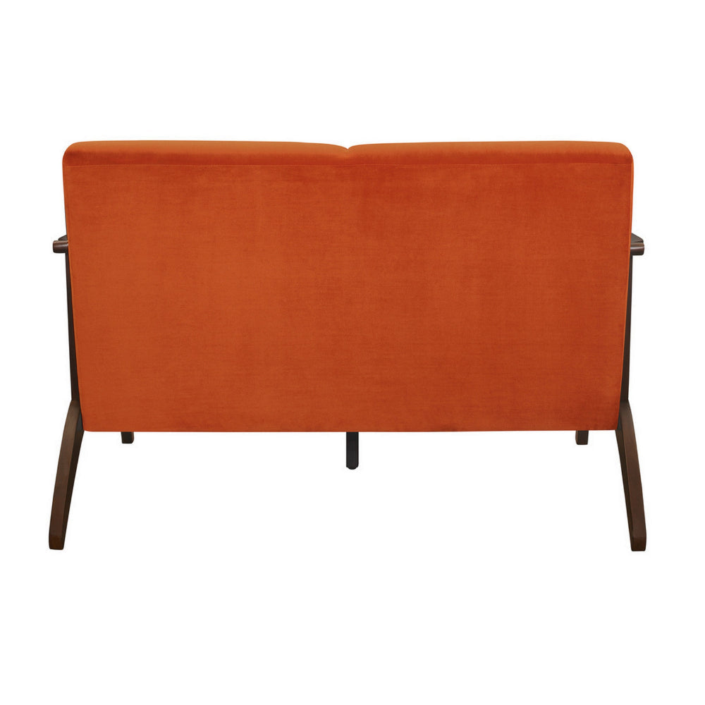 Rica 51 Inch Loveseat Curved Soft Orange Velvet Walnut Brown Solid Wood By Casagear Home BM313133