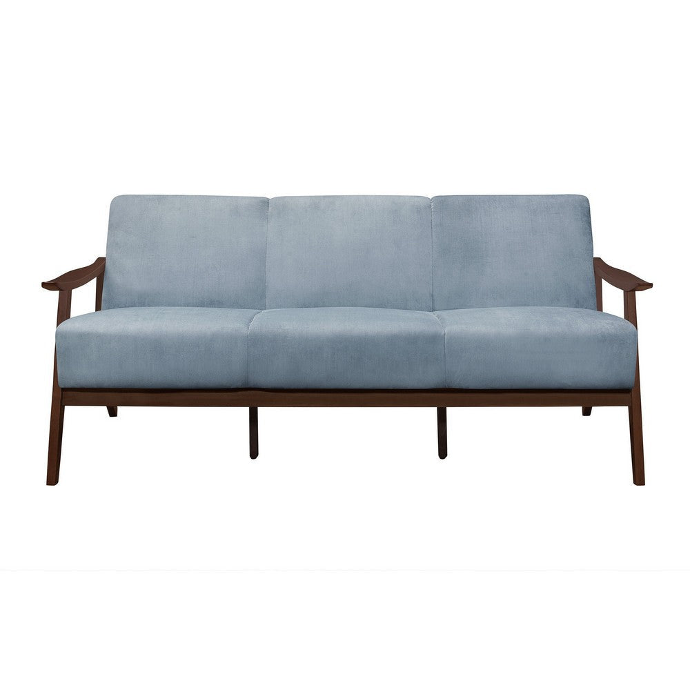 Rica 73 Inch Sofa Soft Blue Gray Velvet Walnut Brown Solid Rubberwood By Casagear Home BM313134