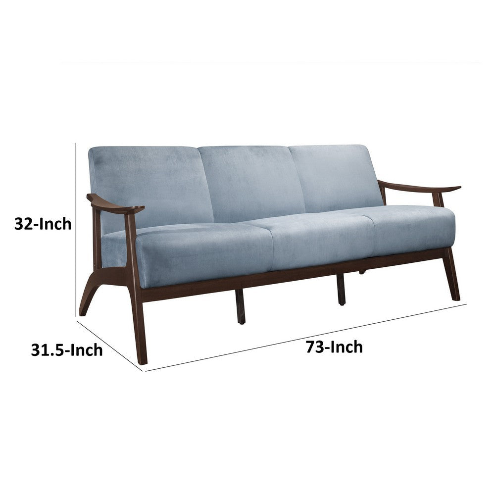 Rica 73 Inch Sofa Soft Blue Gray Velvet Walnut Brown Solid Rubberwood By Casagear Home BM313134