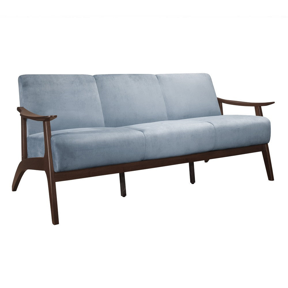 Rica 73 Inch Sofa, Soft Blue Gray Velvet, Walnut Brown Solid Rubberwood By Casagear Home