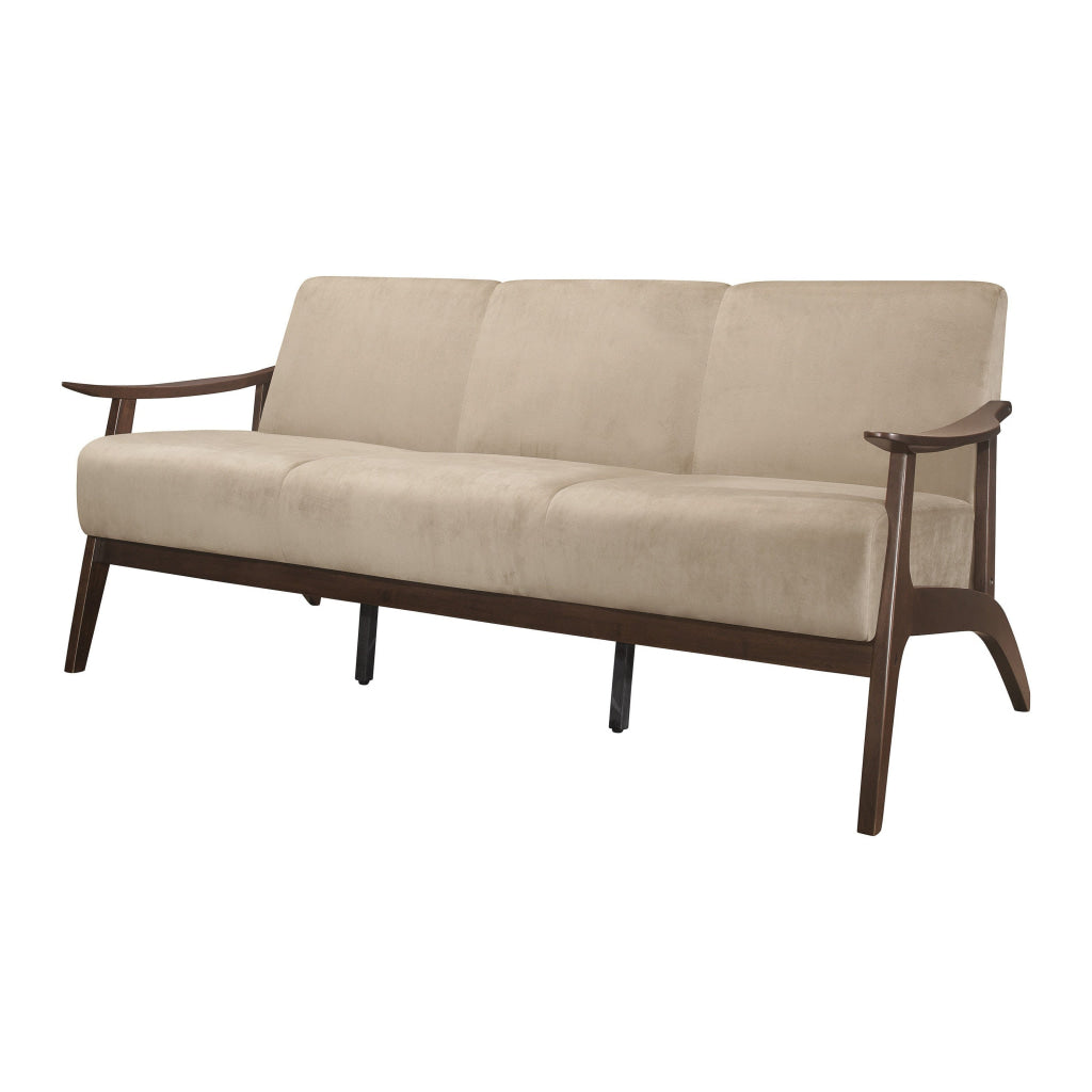 Rica 73 Inch Sofa Soft Beige Velvet Walnut Brown Solid Rubberwood By Casagear Home BM313135