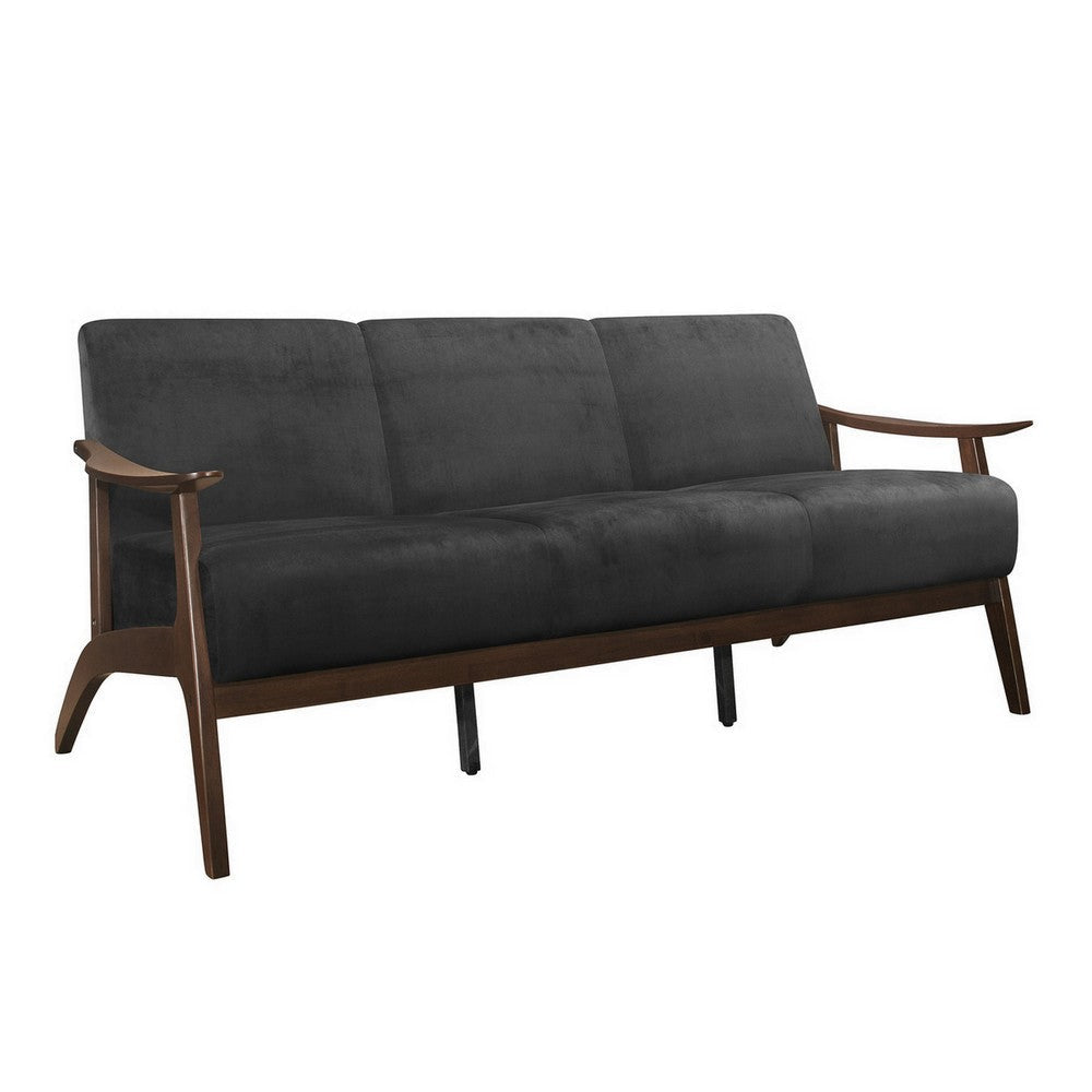 Rica 73 Inch Sofa, Soft Dark Gray Velvet, Walnut Brown Solid Rubberwood By Casagear Home