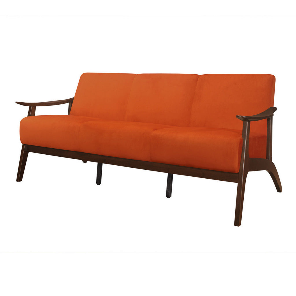 Rica 73 Inch Sofa Soft Orange Velvet Walnut Brown Solid Rubberwood By Casagear Home BM313137