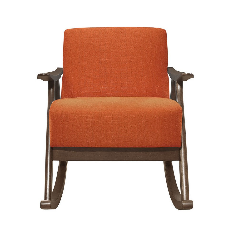 Tim 37 Inch Rocking Armchair Orange Polyester Walnut Brown Solid Wood By Casagear Home BM313145