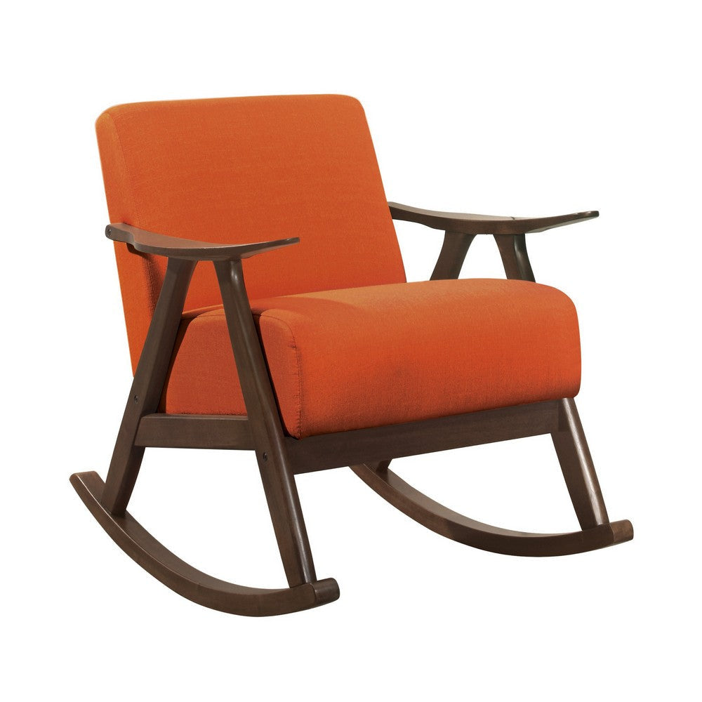 Tim 37 Inch Rocking Armchair Orange Polyester Walnut Brown Solid Wood By Casagear Home BM313145