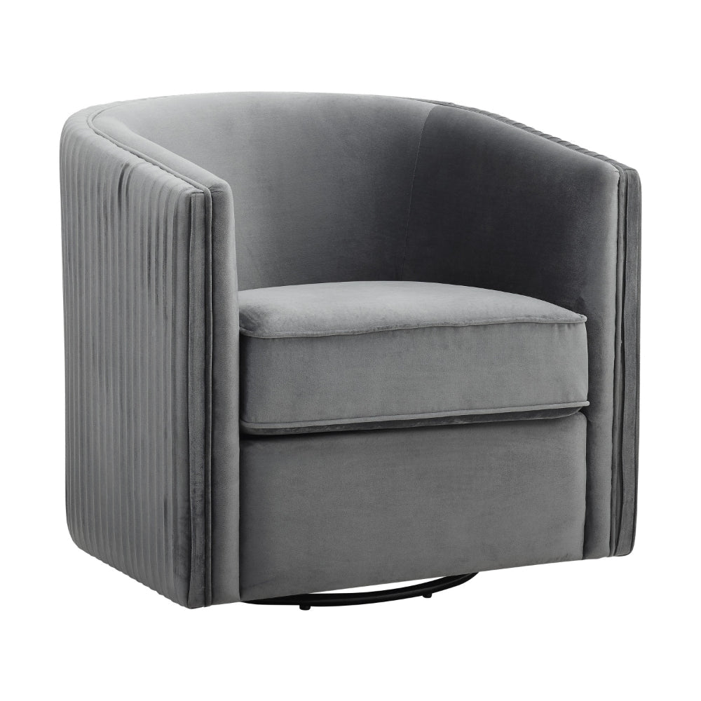 31 Inch Swivel Accent Chair, Soft Gray Velvet, Round Solid Wood Frame By Casagear Home