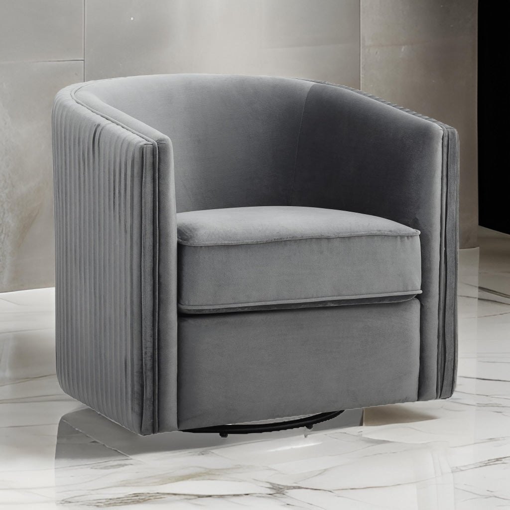 31 Inch Swivel Accent Chair Soft Gray Velvet Round Solid Wood Frame By Casagear Home BM313148