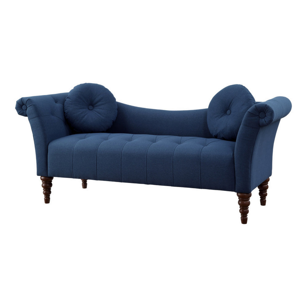 Ria 75 Inch Settee Chaise 2 Pillows Blue Polyester Brown Solid Wood By Casagear Home BM313153