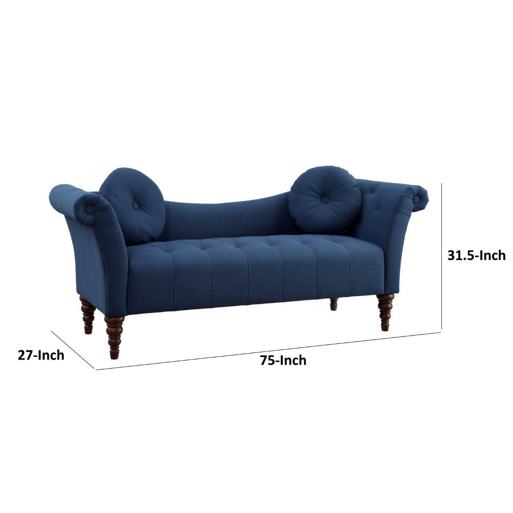 Ria 75 Inch Settee Chaise 2 Pillows Blue Polyester Brown Solid Wood By Casagear Home BM313153