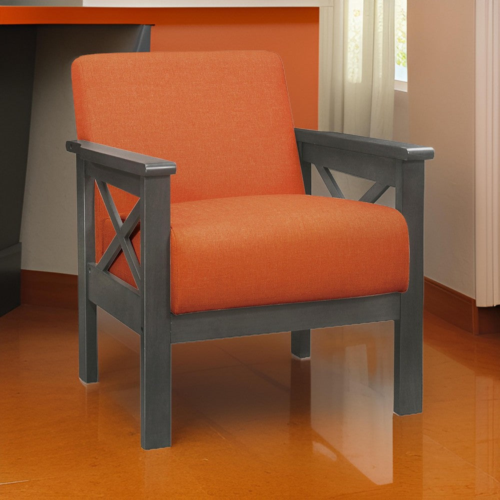 Bea 31 Inch Accent Chair Wood Armchair, Orange Textured Cushions, Gray By Casagear Home