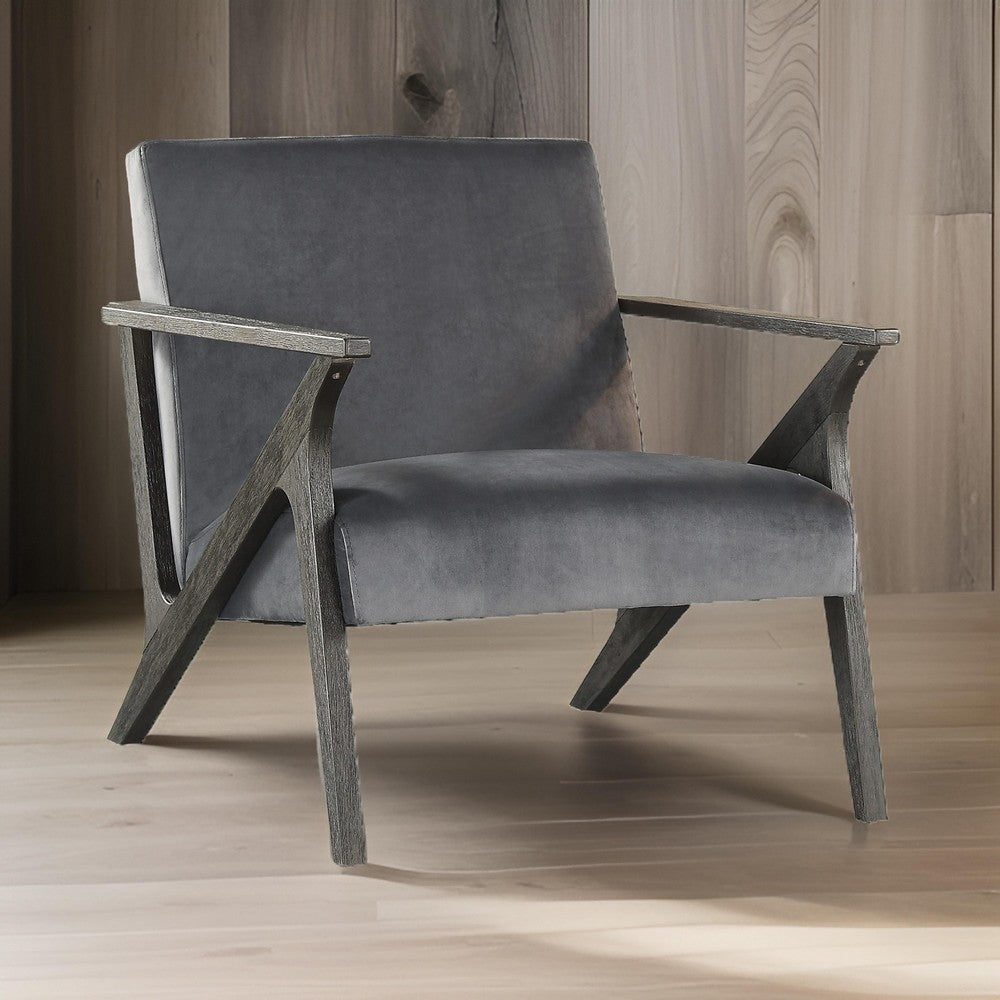 Esme 35 Inch Accent Chair Armchair, Rubberwood, Velvet Cushioned Seat, Gray By Casagear Home