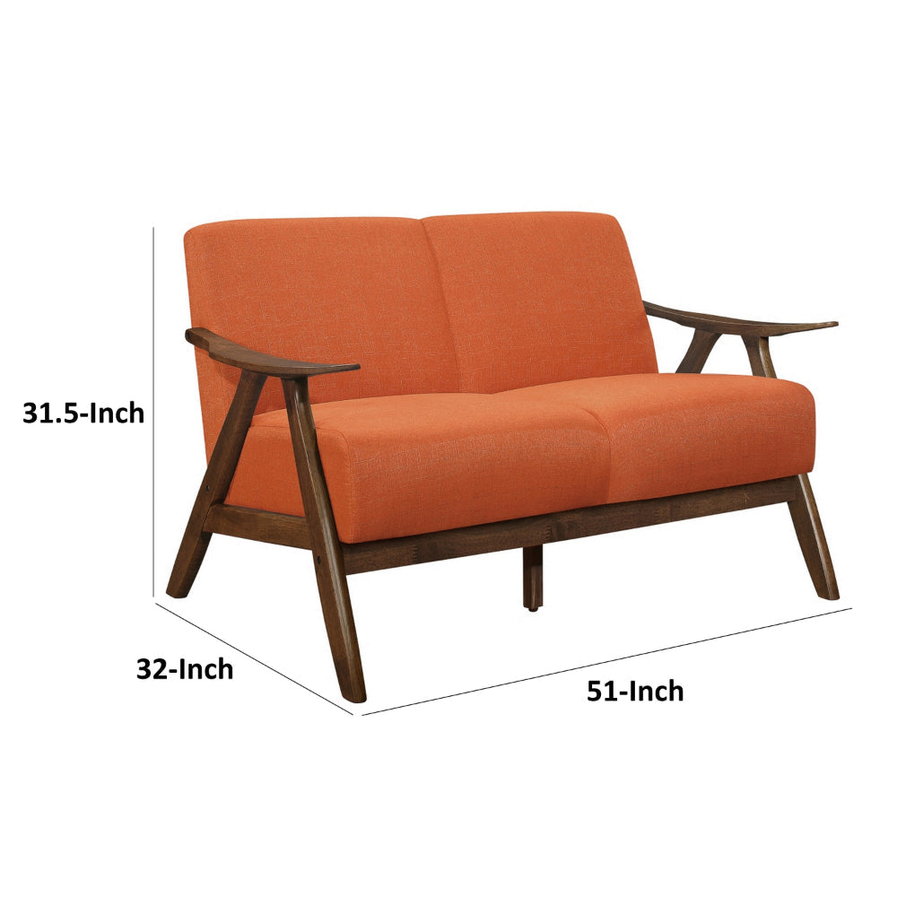 Indy 51 Inch Loveseat Brown Wood Angled Frame Textured Orange Fabric By Casagear Home BM313162