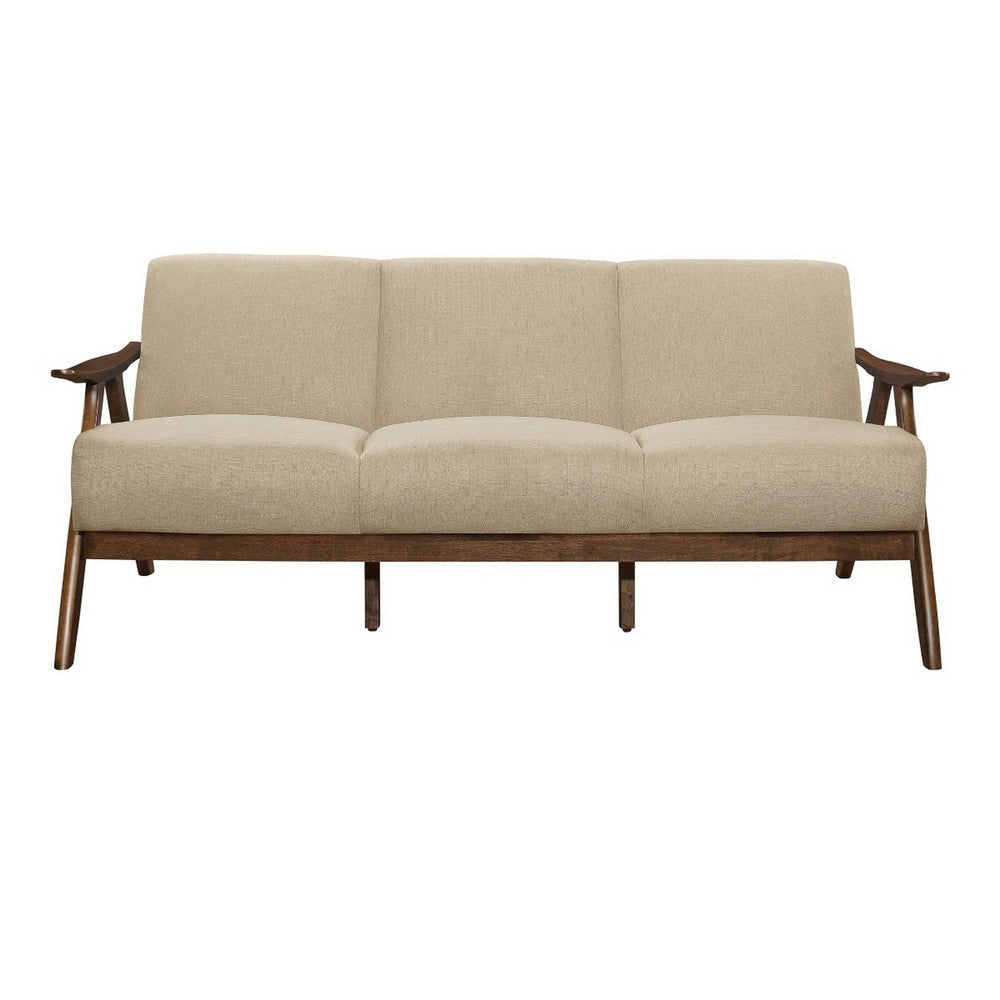 Indy 73 Inch Sofa Brown Rubberwood Angled Frame Textured Beige Fabric By Casagear Home BM313163