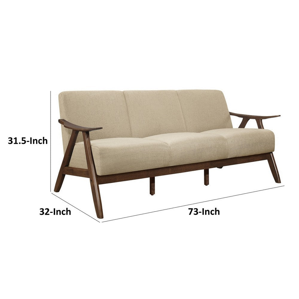 Indy 73 Inch Sofa Brown Rubberwood Angled Frame Textured Beige Fabric By Casagear Home BM313163