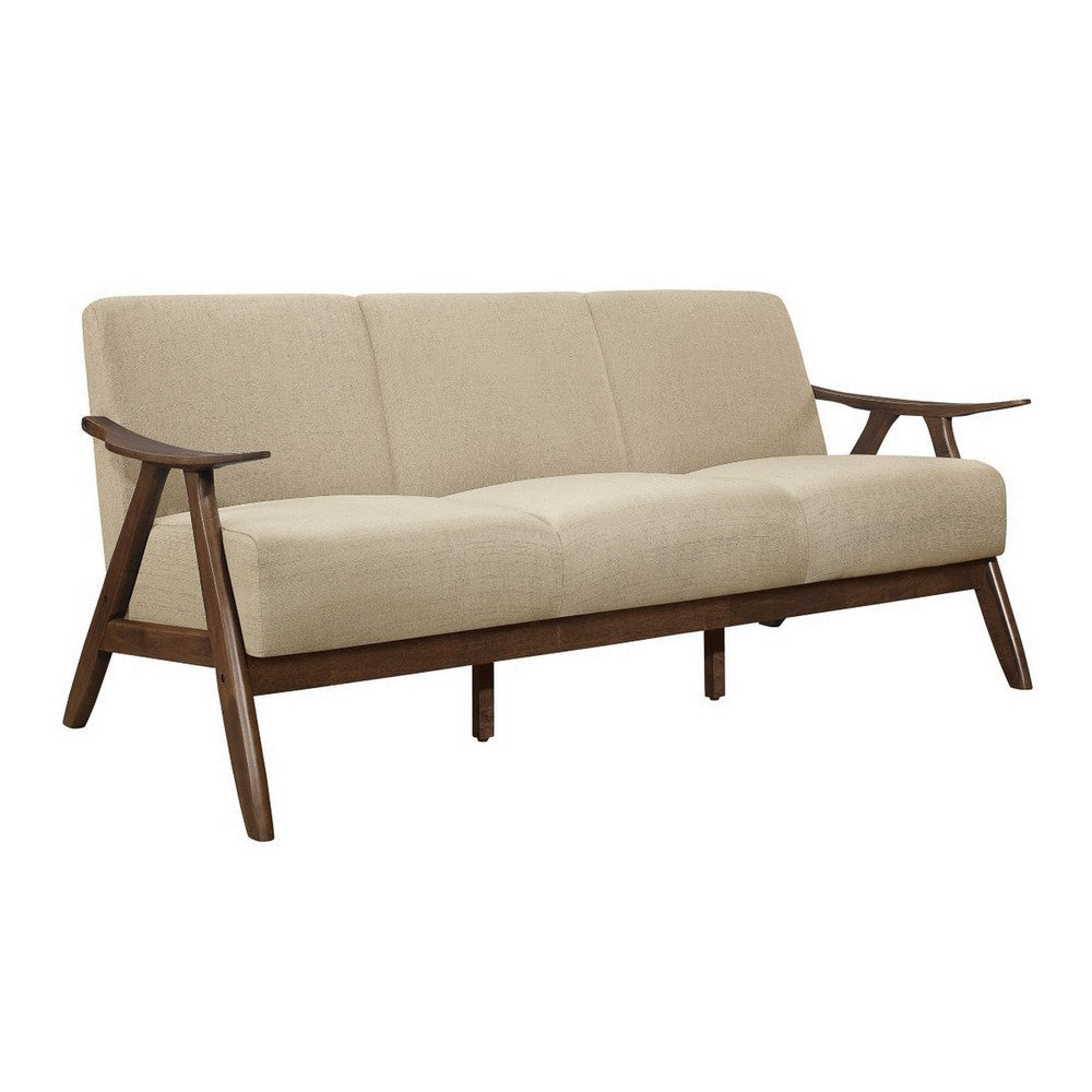 Indy 73 Inch Sofa, Brown Rubberwood Angled Frame, Textured Beige Fabric By Casagear Home