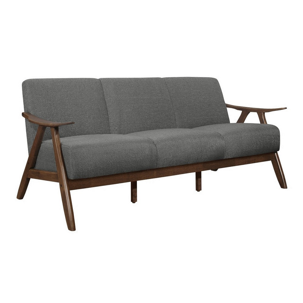 Indy 73 Inch Sofa, Brown Wood Angled Frame, Textured Light Gray Fabric By Casagear Home