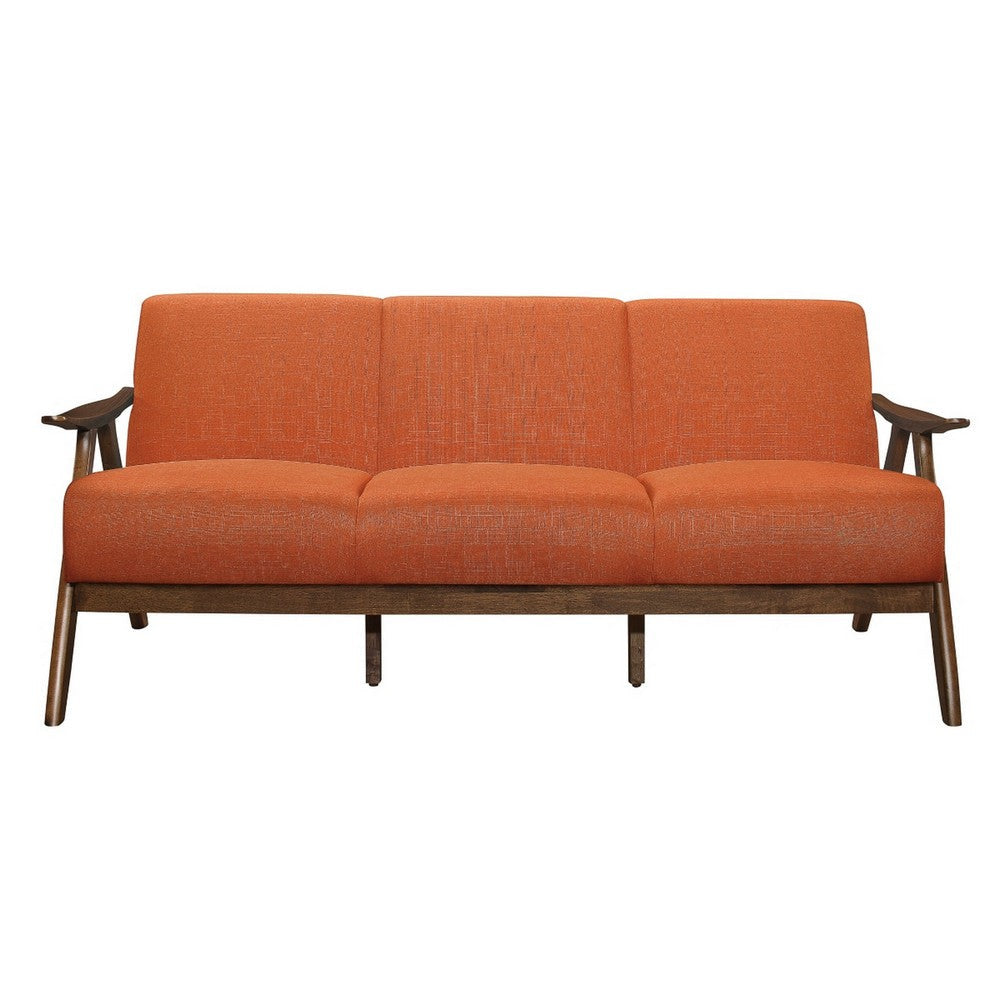 Indy 73 Inch Sofa Brown Wood Angled Frame Cozy Textured Orange Fabric By Casagear Home BM313166