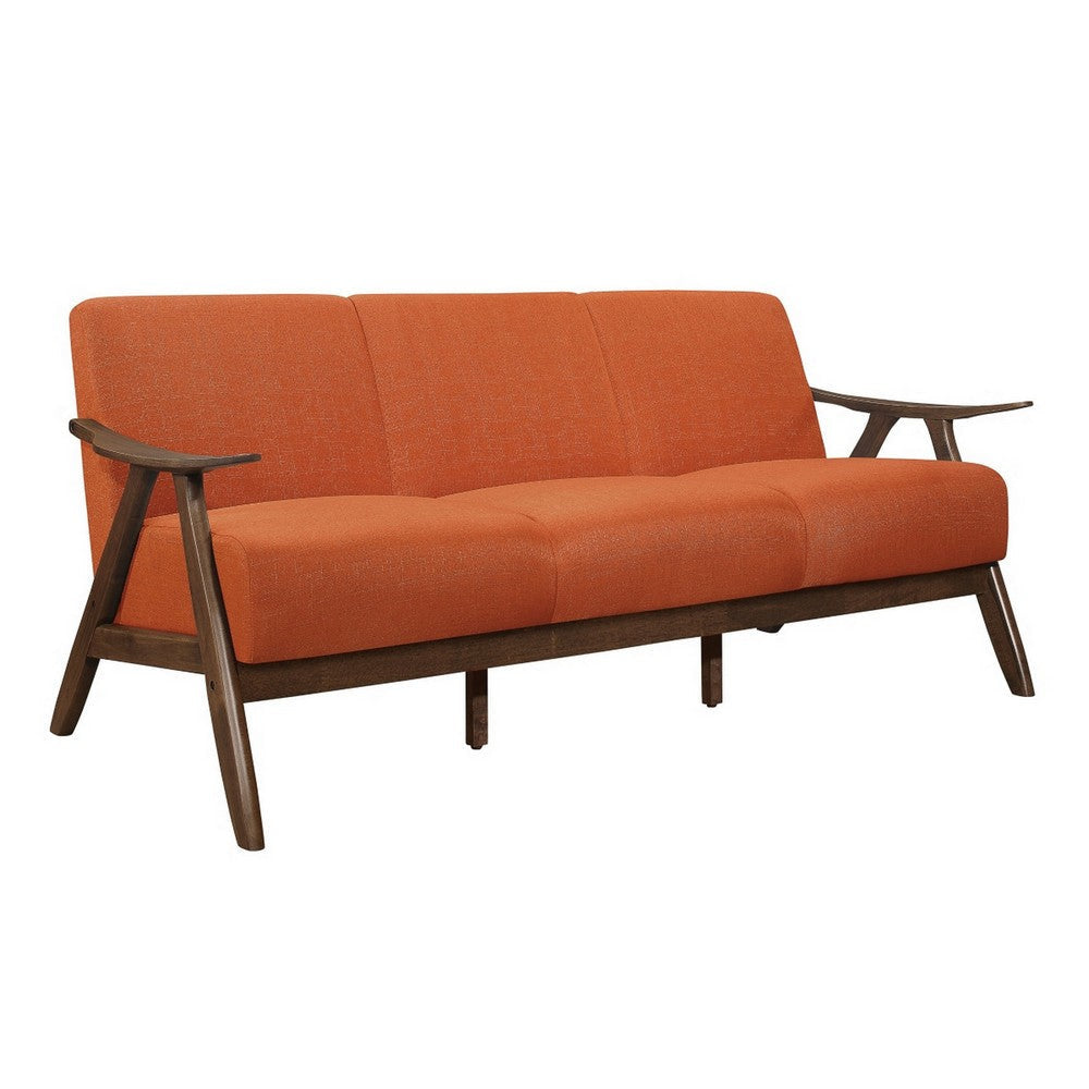 Indy 73 Inch Sofa, Brown Wood Angled Frame, Cozy Textured Orange Fabric By Casagear Home