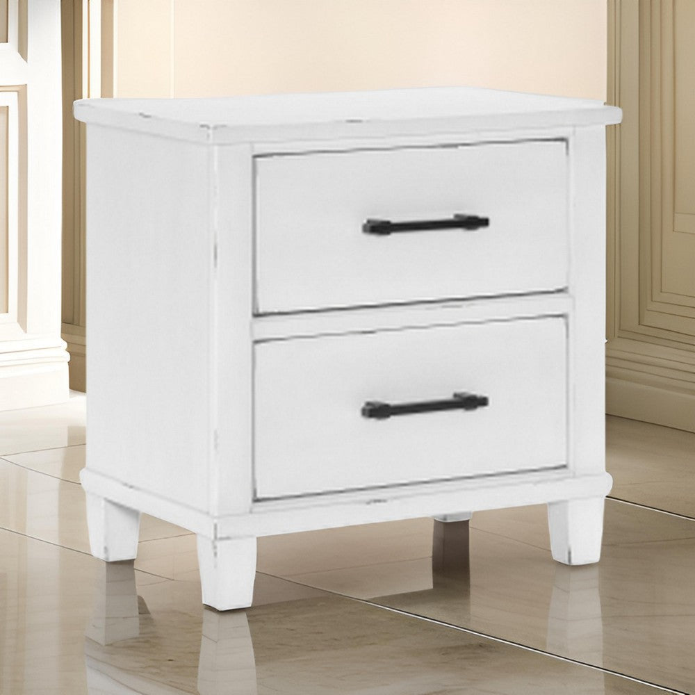 Gemi 27 Inch Nightstand with 2 Drawers, Black Handles, White Wood Finish By Casagear Home