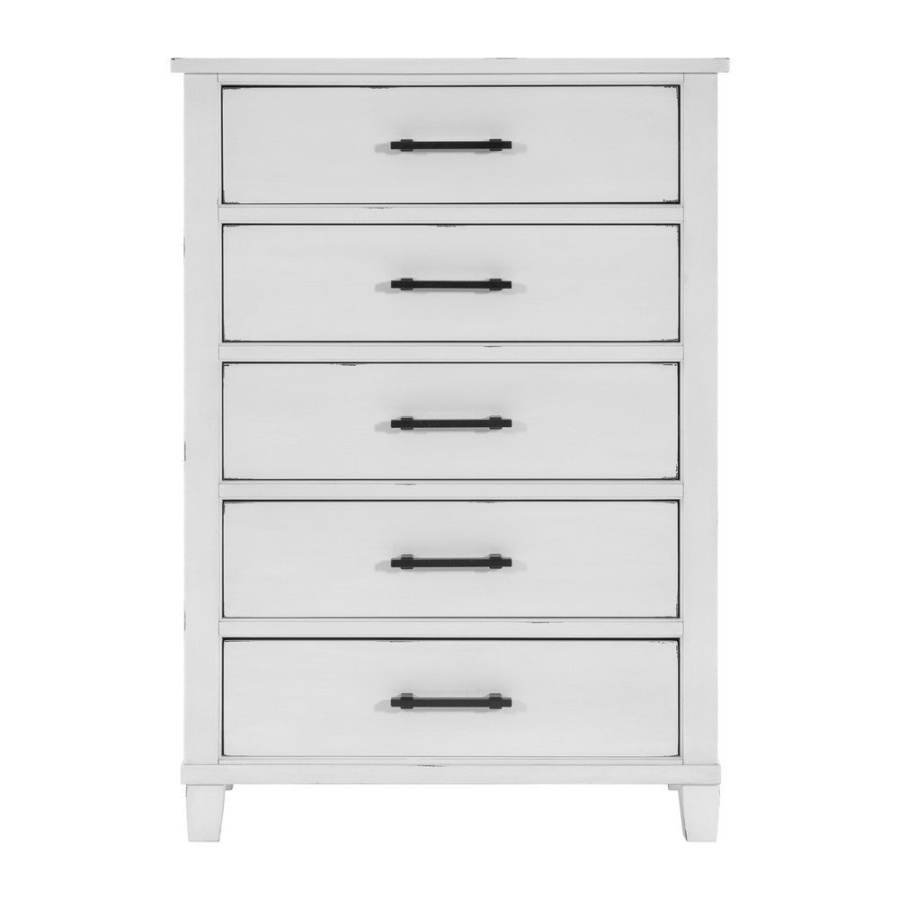 Gemi 53 Inch Tall Dresser Chest 5 Drawer with Black Handles White Wood By Casagear Home BM313169