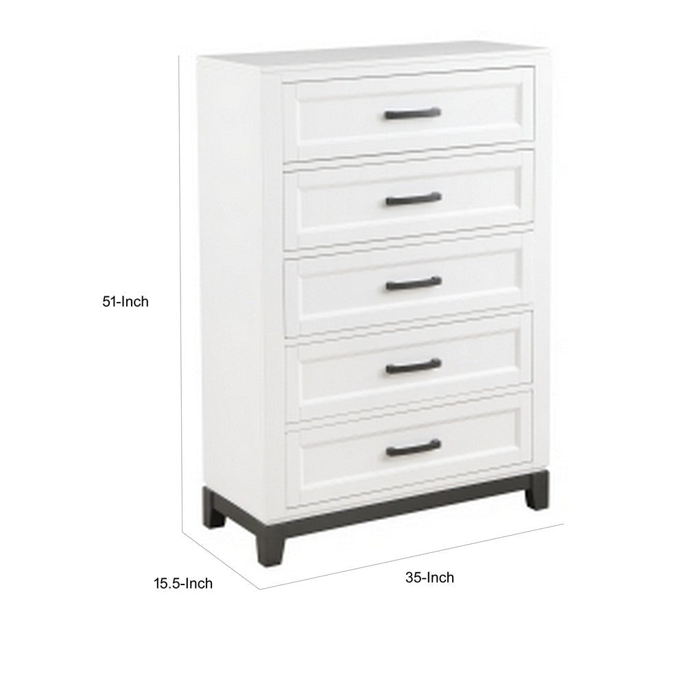 Thiem 51 Inch Tall Dresser Chest with 5 Drawers Black Handles White Wood By Casagear Home BM313172