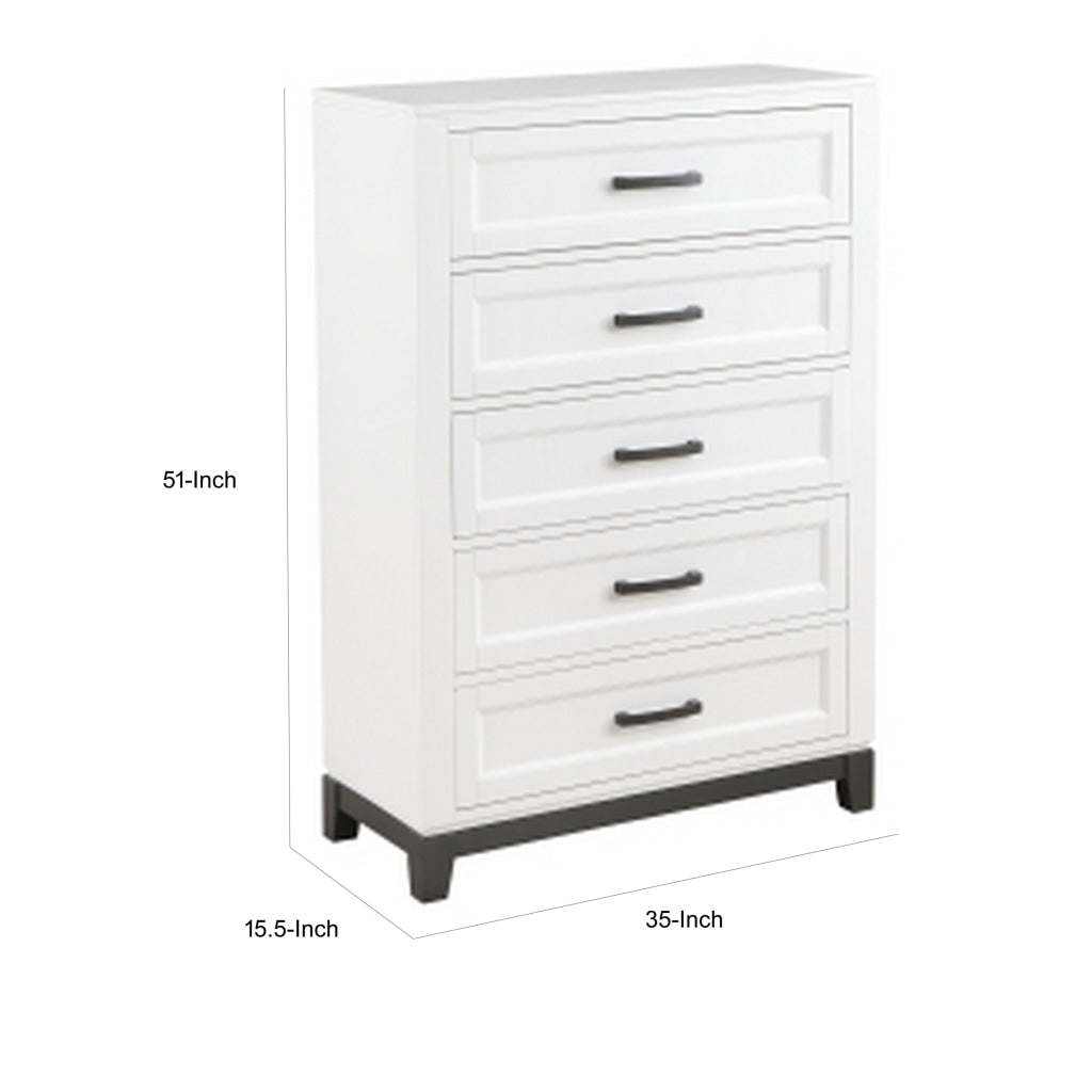 Thiem 51 Inch Tall Dresser Chest with 5 Drawers Black Handles White Wood By Casagear Home BM313172