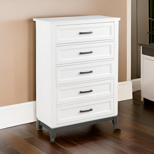 Thiem 51 Inch Tall Dresser Chest with 5 Drawers, Black Handles, White Wood By Casagear Home