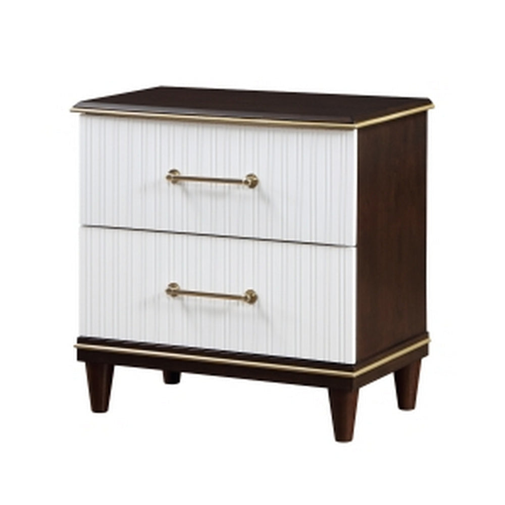 Shim 29 Inch Nightstand with 2 Drawers Gold White and Cherry Brown Wood By Casagear Home BM313173