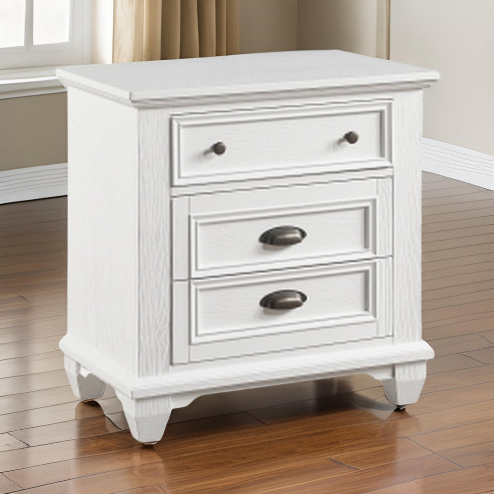 Lyni 30 Inch Nightstand with 3 Drawers, Farmhouse White Acacia Wood By Casagear Home