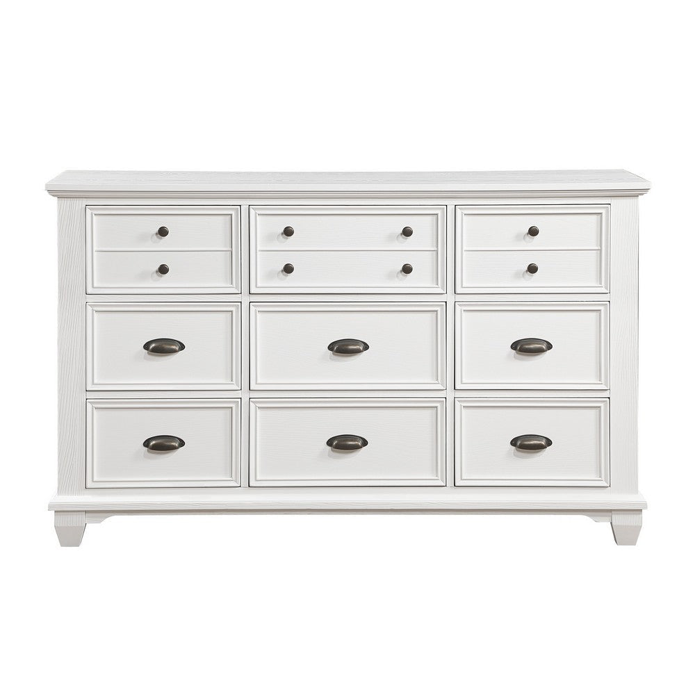 Lyni 61 Inch Wide Dresser with 9 Drawers Farmhouse White Acacia Wood By Casagear Home BM313177