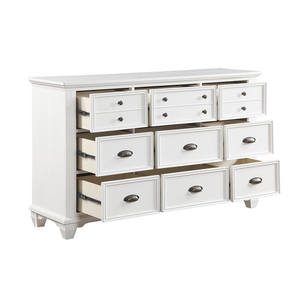 Lyni 61 Inch Wide Dresser with 9 Drawers Farmhouse White Acacia Wood By Casagear Home BM313177