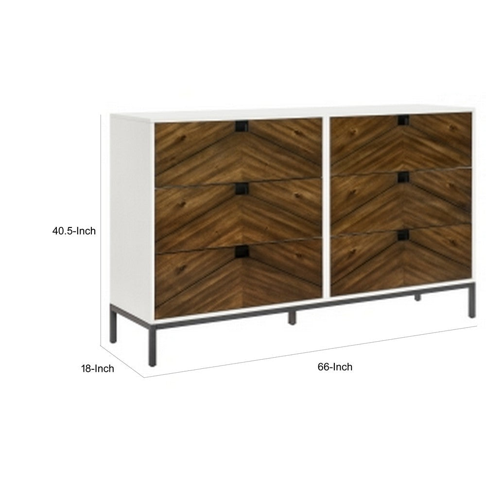 Jem 66 Inch Wide Dresser 6 Drawers Brown Fronts and White Acacia Veneer By Casagear Home BM313180