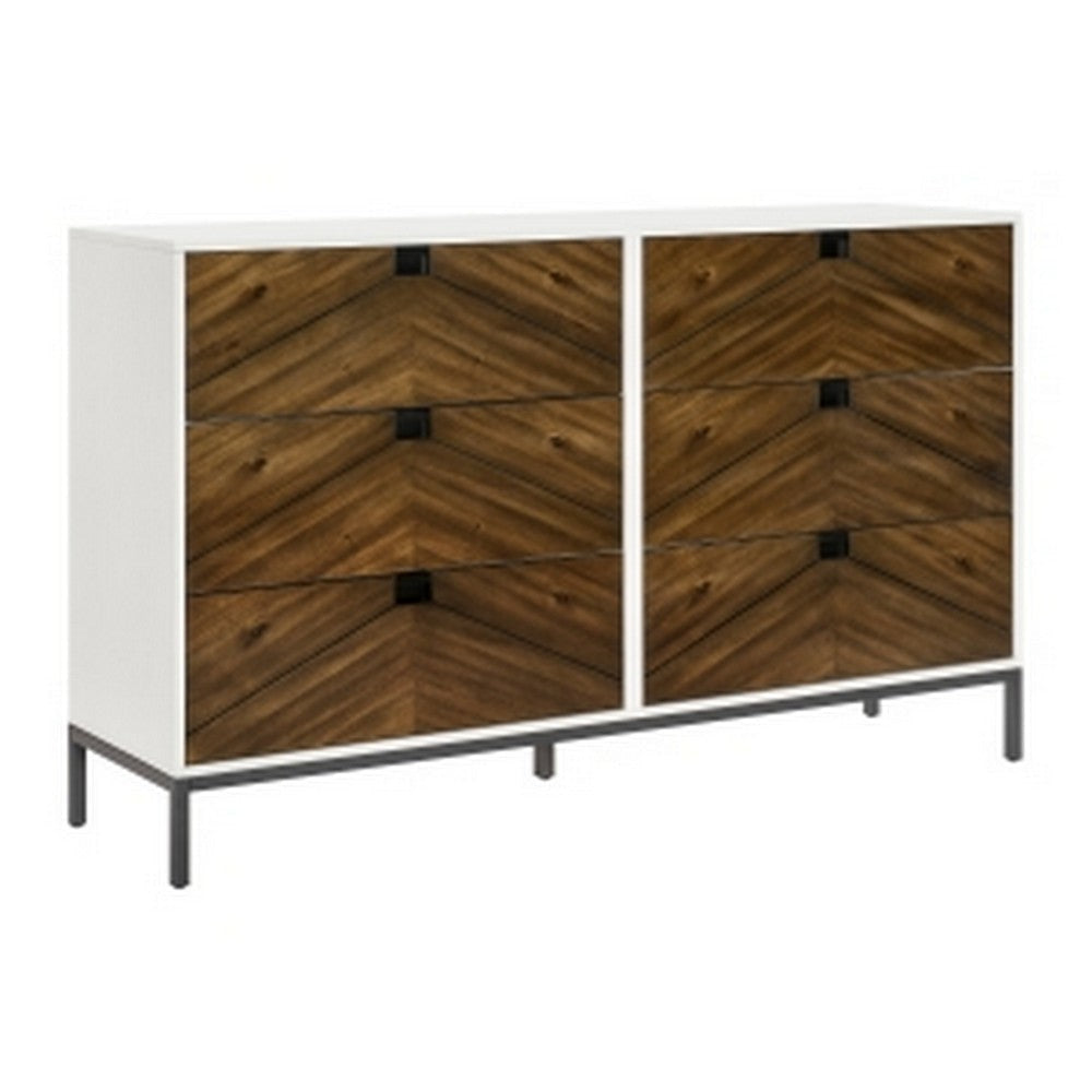 Jem 66 Inch Wide Dresser, 6 Drawers, Brown Fronts and White Acacia Veneer By Casagear Home