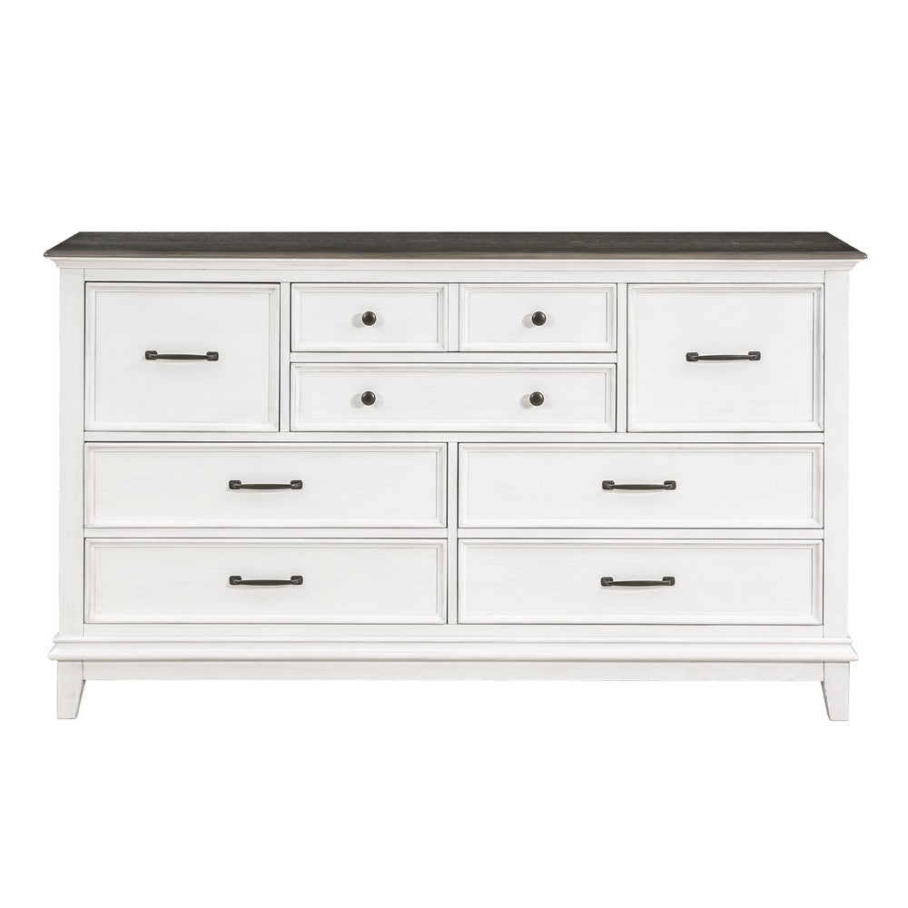 Woki 66 Inch Wide Dresser 9 Drawers Antique White and Brown Solid Wood By Casagear Home BM313190