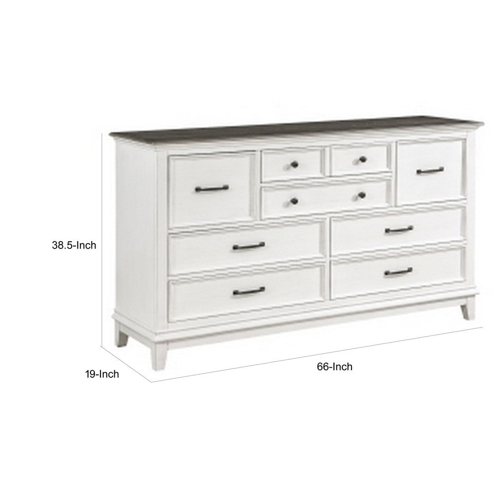 Woki 66 Inch Wide Dresser 9 Drawers Antique White and Brown Solid Wood By Casagear Home BM313190