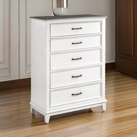 Woki 55 Inch Tall Dresser Chest, 5 Drawers, White and Brown Solid Wood By Casagear Home