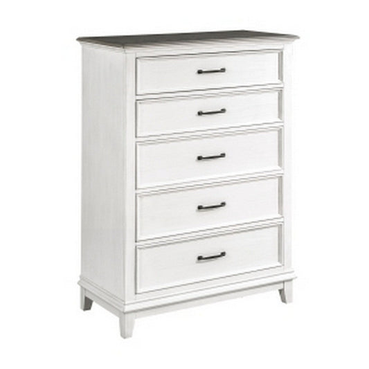 Woki 55 Inch Tall Dresser Chest, 5 Drawers, White and Brown Solid Wood By Casagear Home