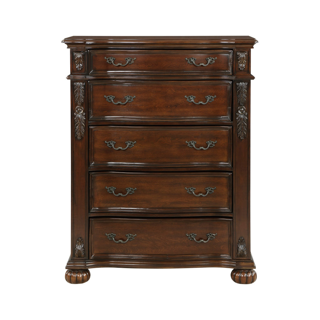 Nami 50 Inch Tall Dresser Chest 5 Drawers Carved Cherry Brown Solid Wood By Casagear Home BM313193