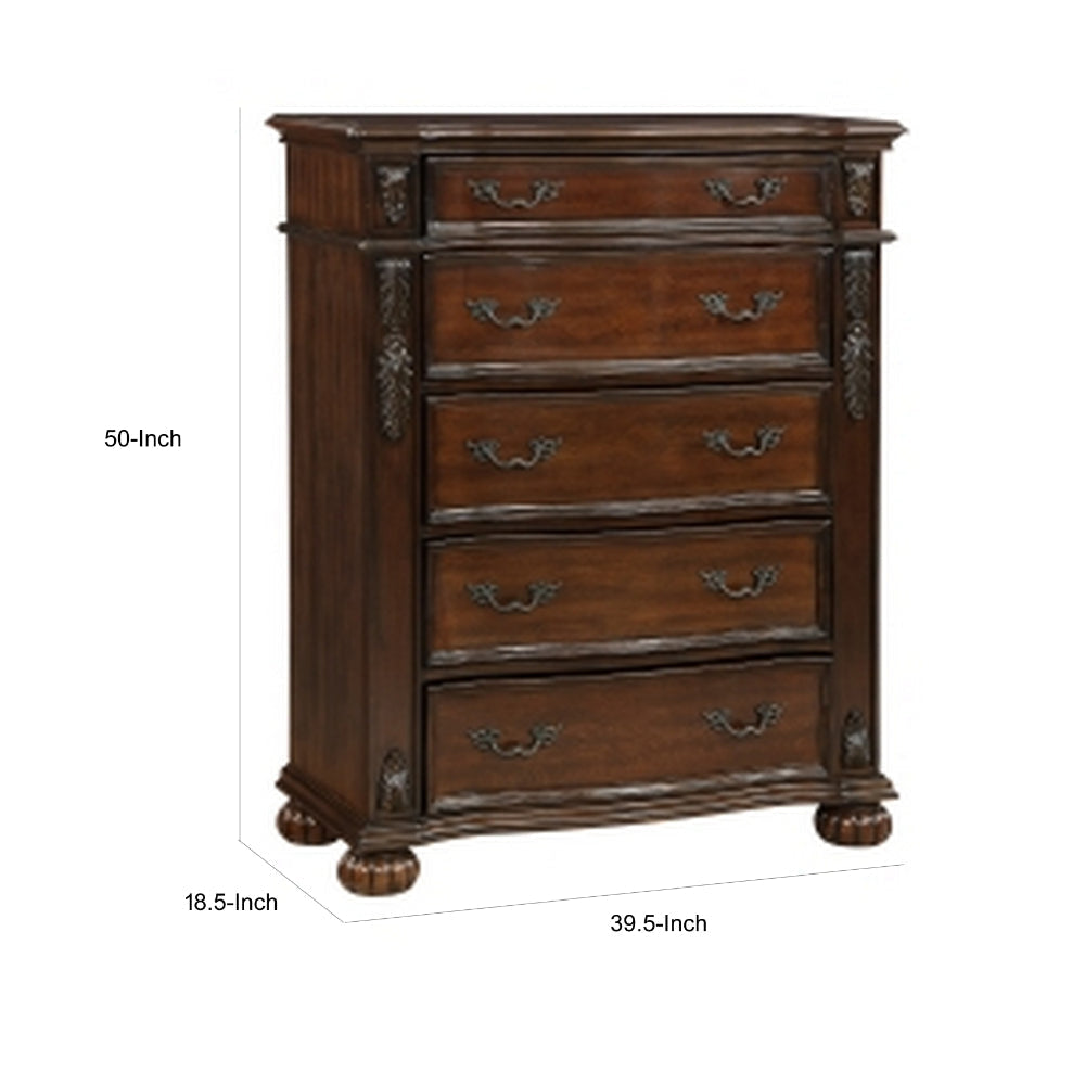 Nami 50 Inch Tall Dresser Chest 5 Drawers Carved Cherry Brown Solid Wood By Casagear Home BM313193