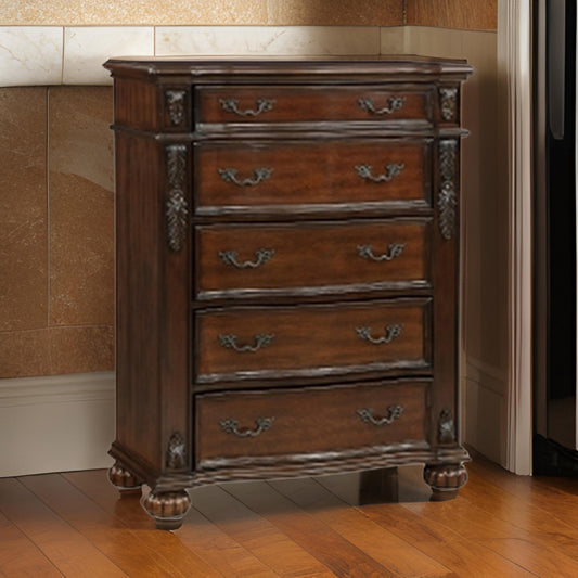 Nami 50 Inch Tall Dresser Chest, 5 Drawers, Carved Cherry Brown Solid Wood By Casagear Home