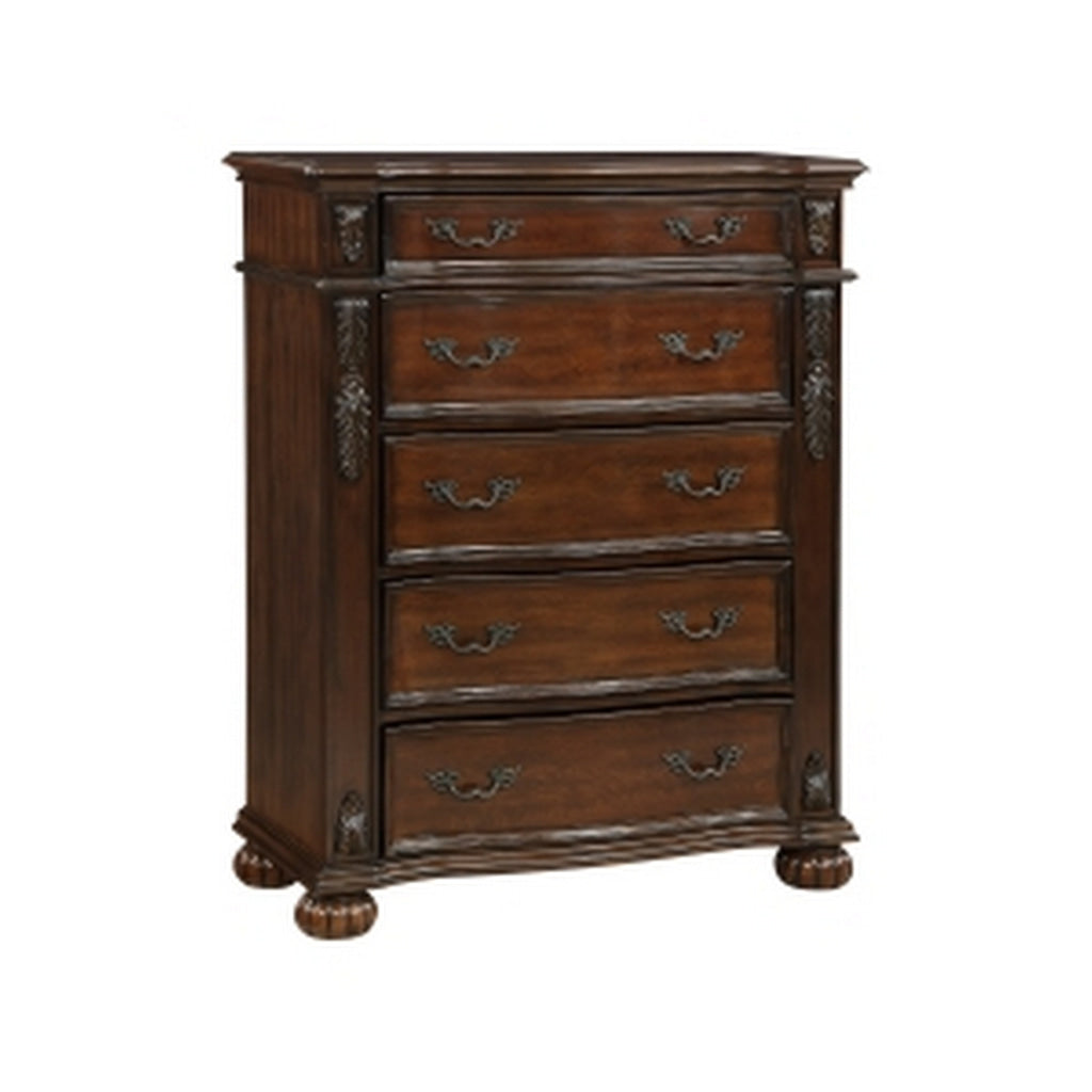 Nami 50 Inch Tall Dresser Chest 5 Drawers Carved Cherry Brown Solid Wood By Casagear Home BM313193