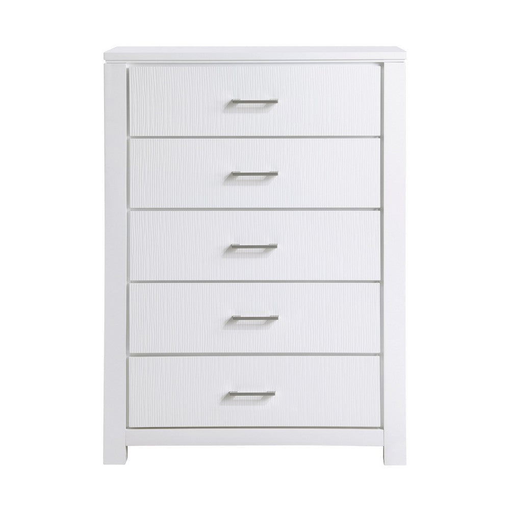 Roni 52 Inch Tall Dresser Chest 5 Drawers Embossed White Solid Wood By Casagear Home BM313196