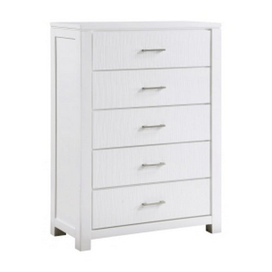 Roni 52 Inch Tall Dresser Chest, 5 Drawers, Embossed, White Solid Wood By Casagear Home